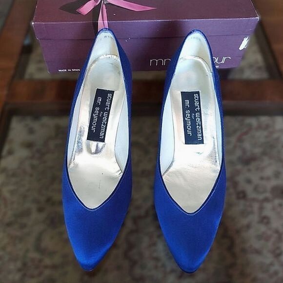 Vtg 80s Stuart Weitzman for Mr. Seymour blue sateen pumps - Picture 2 of 16